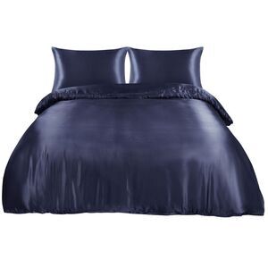 Satin Duvet Cover 3Pcs Bedding Set 1 Duvet Cover + 2 Pillowcases Queen Navy
